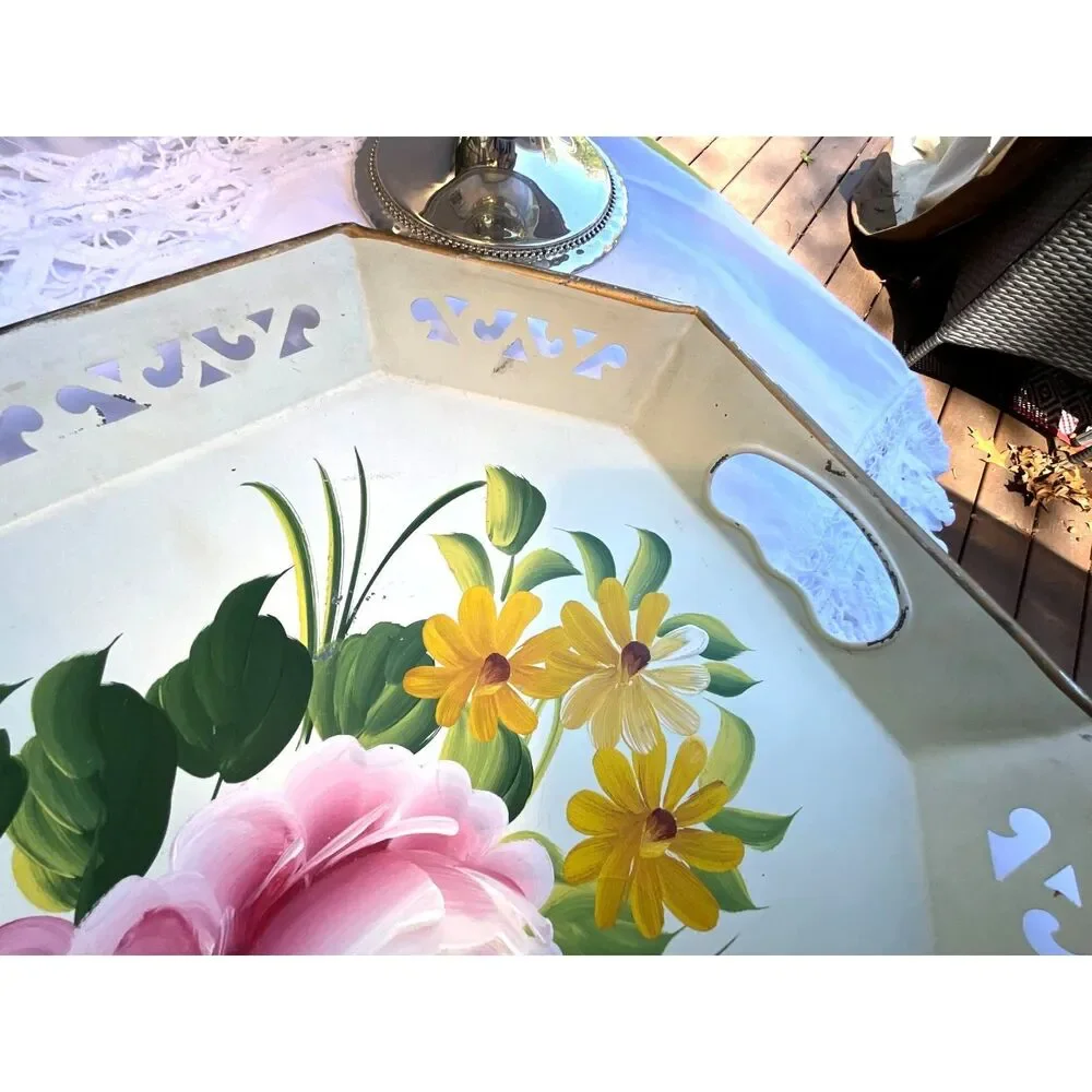 Hand Painted Shabby Cottage Vintage Tole Tray Beautiful tole tray